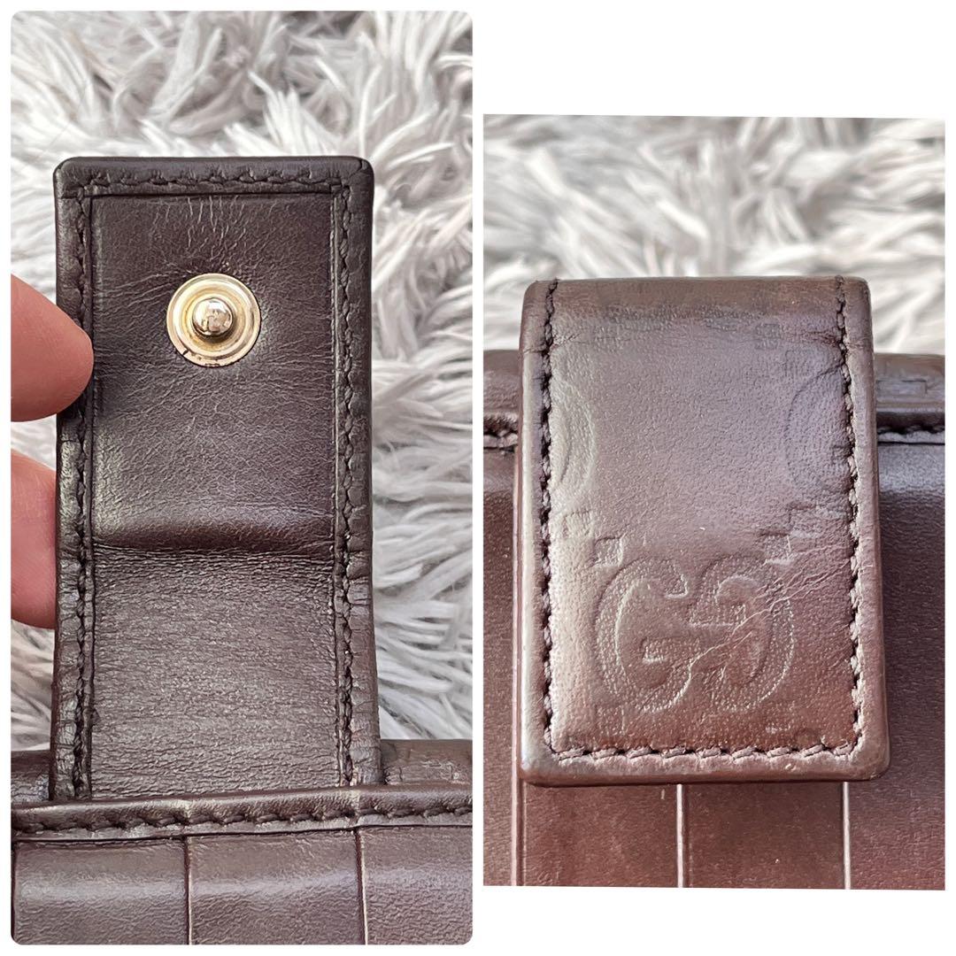 良品✨GUCCI シマ　長財布　ダークブラウン　ロゴプレート　Wホック