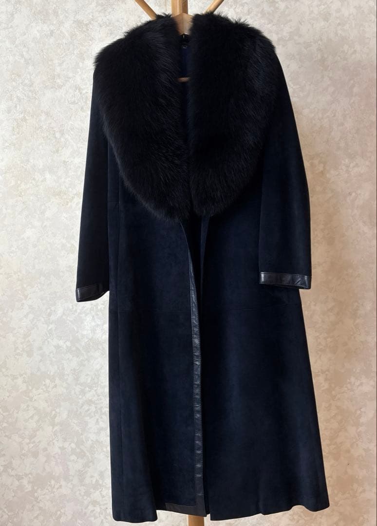 カーフスエード ファー付き コート 兼松 ロングコート レディース