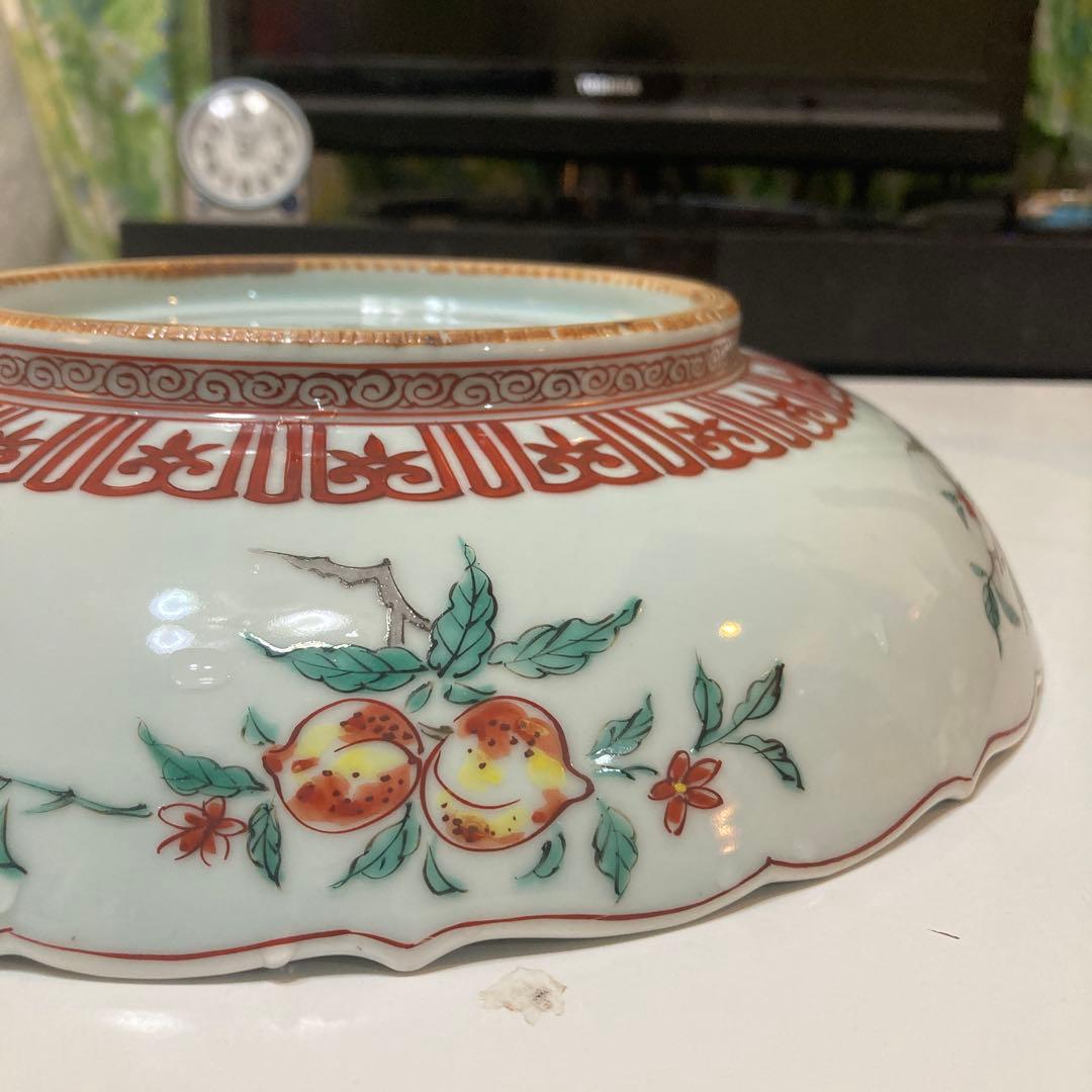 清水焼　平安一星作　彩色菊花大鉢　皿立て付き　直径30㎝　アンティーク