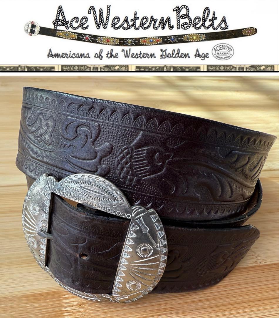 ⭐️ACE WESTERN BELTS⭐️エンボス⭐️ブラック(茶芯)レザー⭐️34