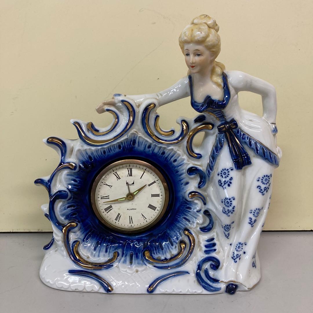 E3 ジャンク品 置き時計 陶器製 ロココ調 フィギュリン 貴婦人 アンティーク