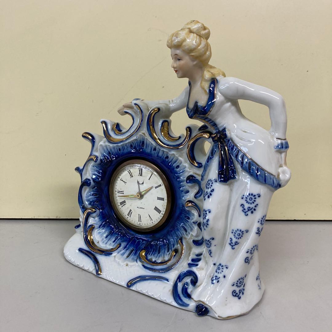 E3 ジャンク品 置き時計 陶器製 ロココ調 フィギュリン 貴婦人 アンティーク