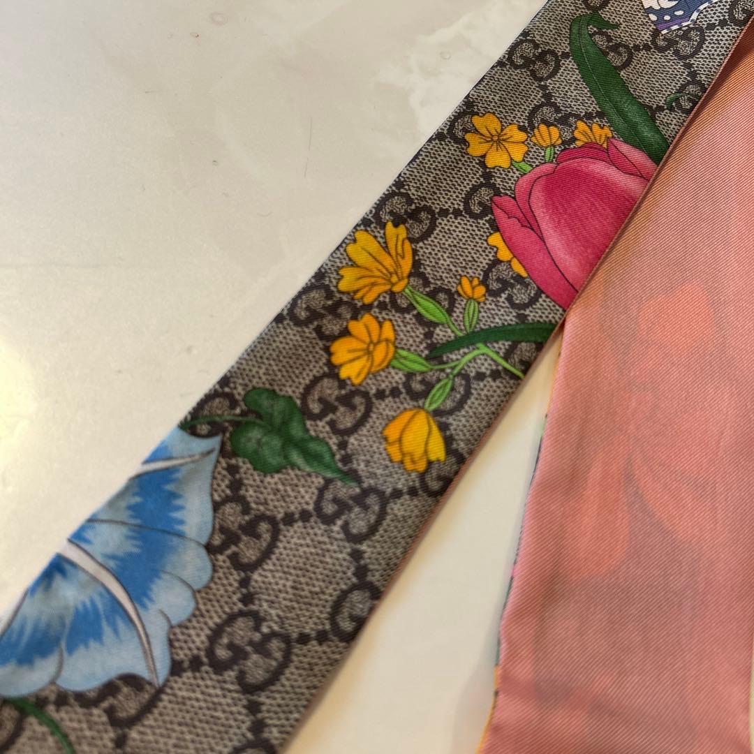 《12/16迄特価》 GUCCI スカーフ　桃　GGフローラプリントシルクリボン