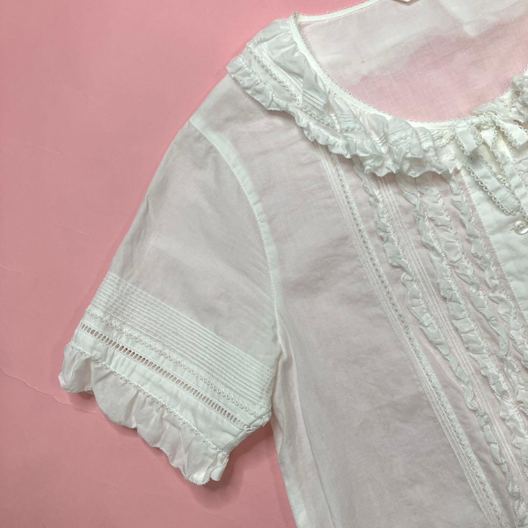 【美品】ピンクハウス 白 ピコフリル ピンタック 使い 綿ローンオーバーブラウス