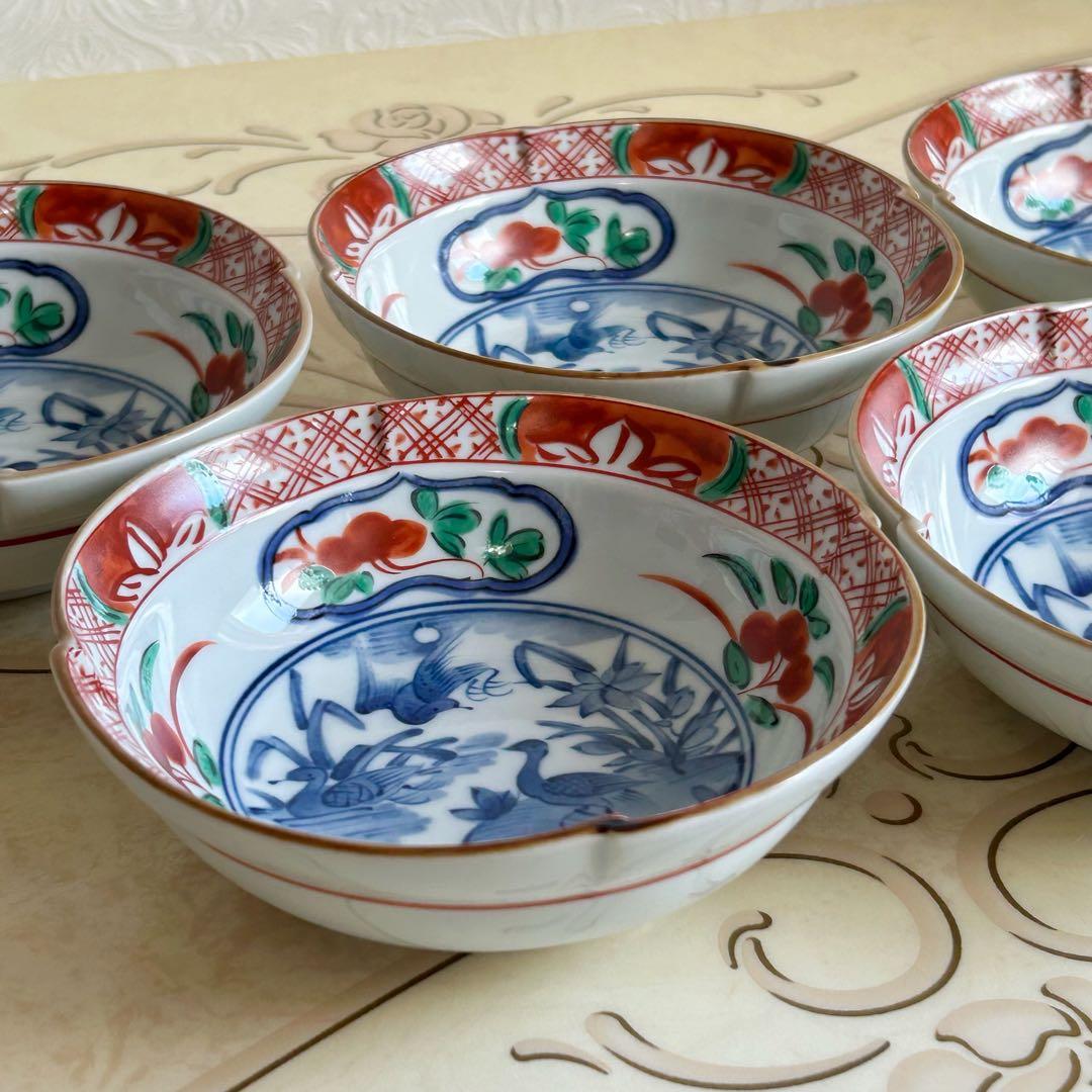 三洋陶器　龍峰窯　つみき　赤絵　染付山水　中鉢揃　5枚セット　小鉢　古伊万里色絵