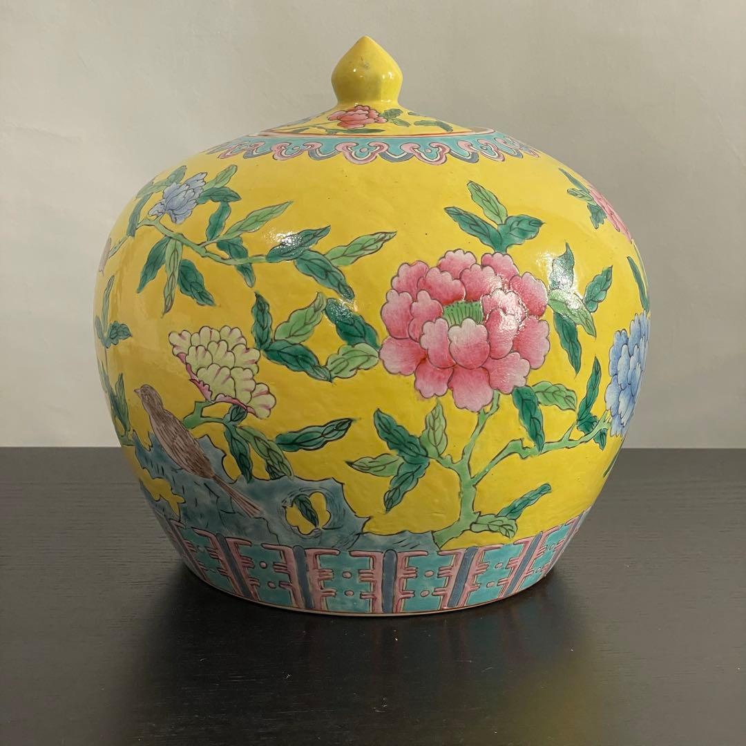 中国 西瓜罐 花と鳥の模様 蓋付き容器 花瓶 粉彩