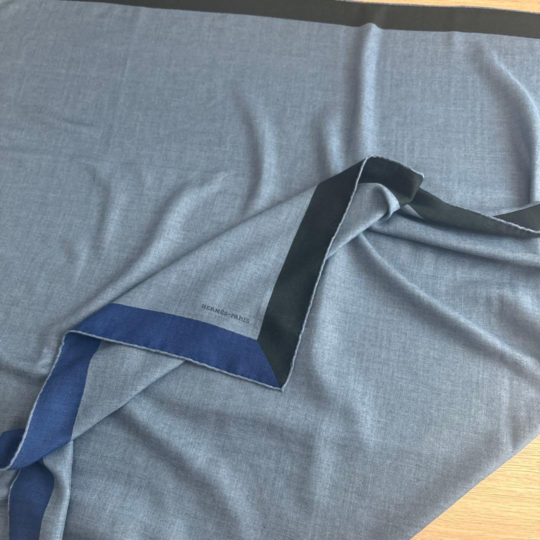 エルメス　カレジェアン　カシシル　ブルーグレー×ブラック　スカーフ　ショール