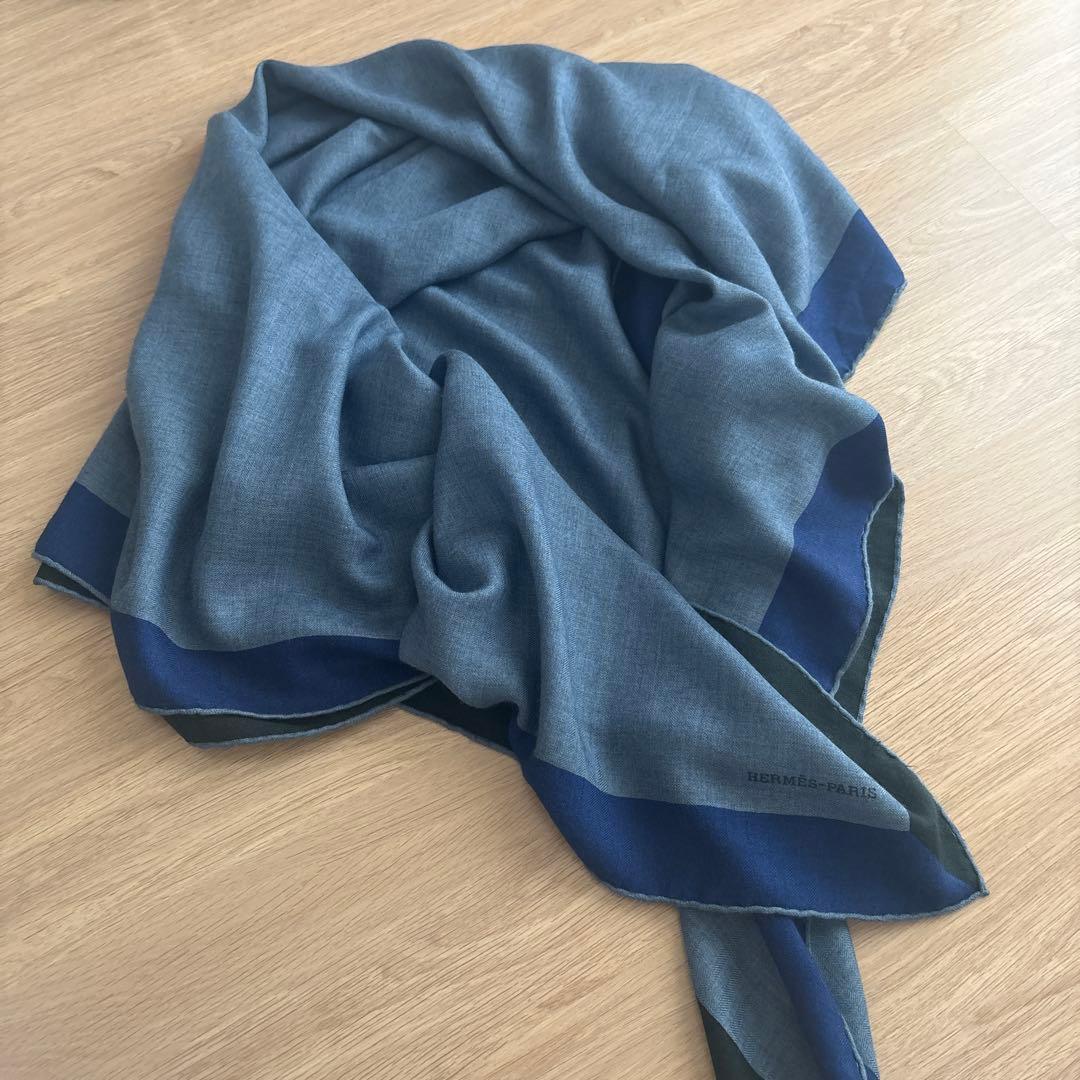 エルメス　カレジェアン　カシシル　ブルーグレー×ブラック　スカーフ　ショール