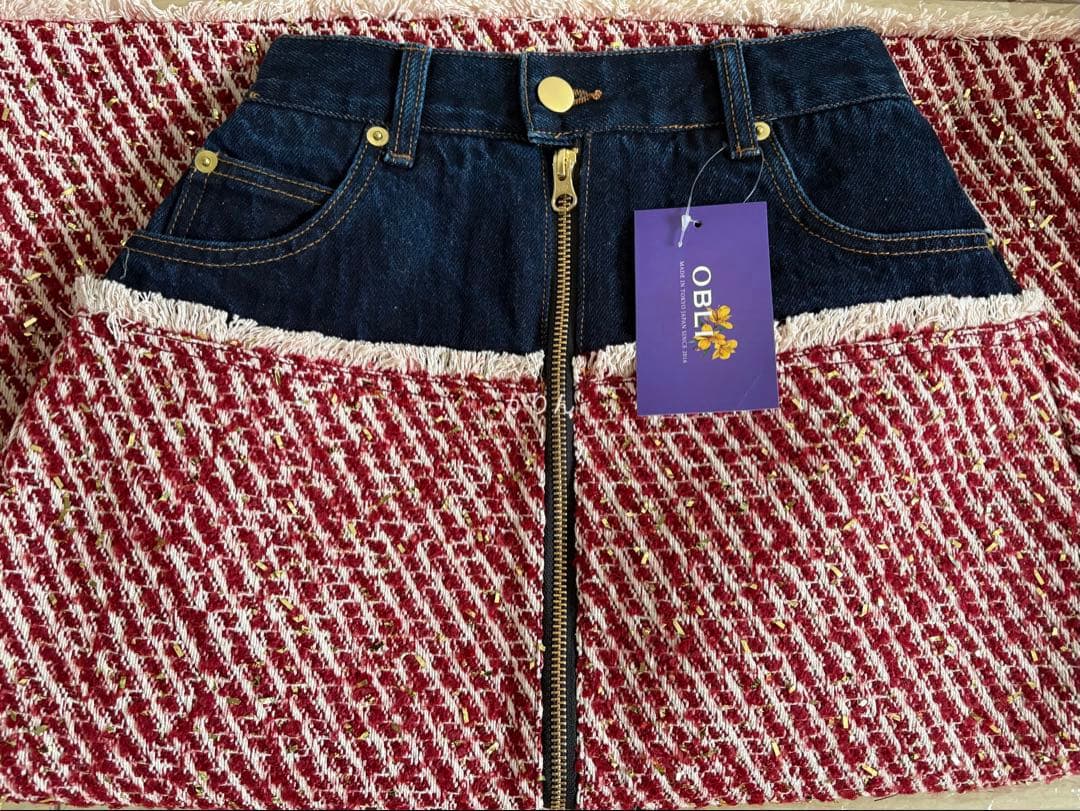 最終価格 新品 オブリobli デニムツイードドッキングスカート定価39,050