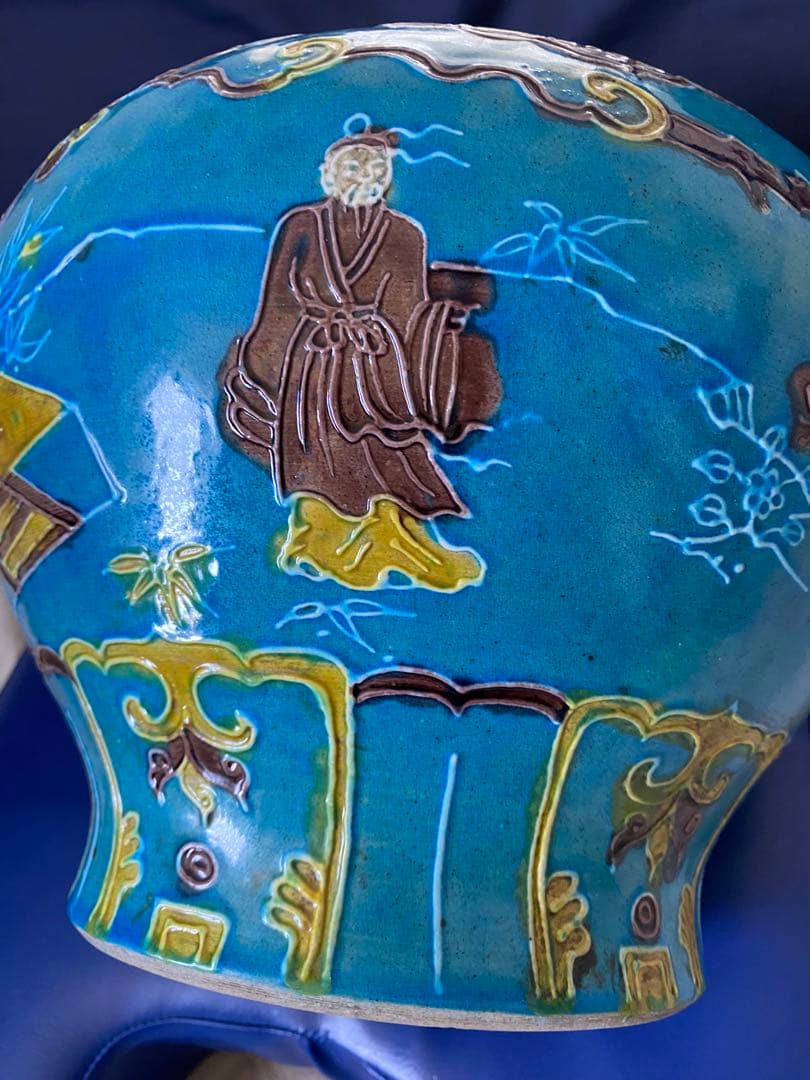 中国明代珐華彩携琴訪友紋大缶サイズ高さ約25cm径30×口16cm