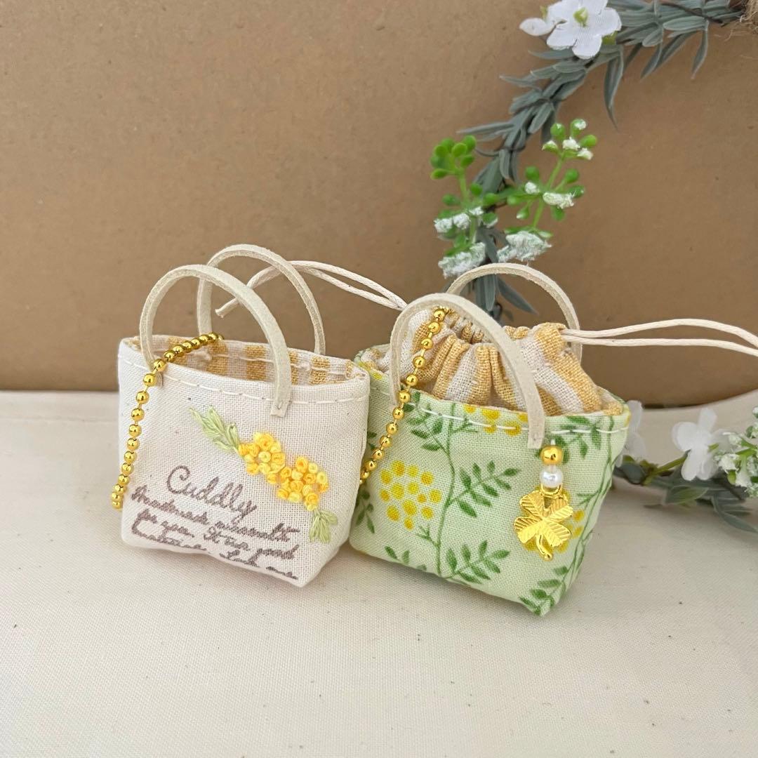 2405-33 ミニチュアトート・巾着トートサシェ 香り袋 ミモザ ライム 刺繍