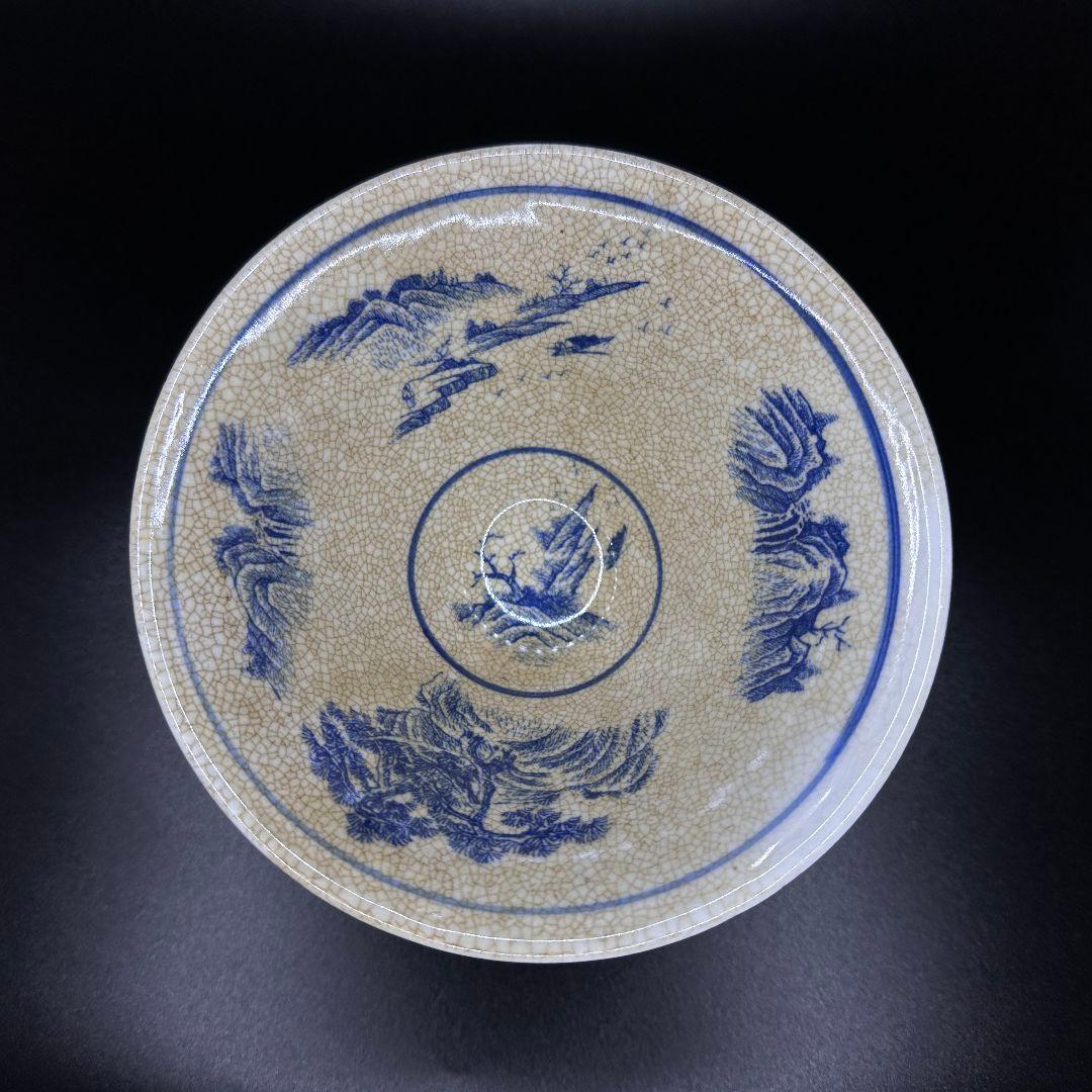 R111 藍染青絵 青花山水紋笠碗 アンティーク