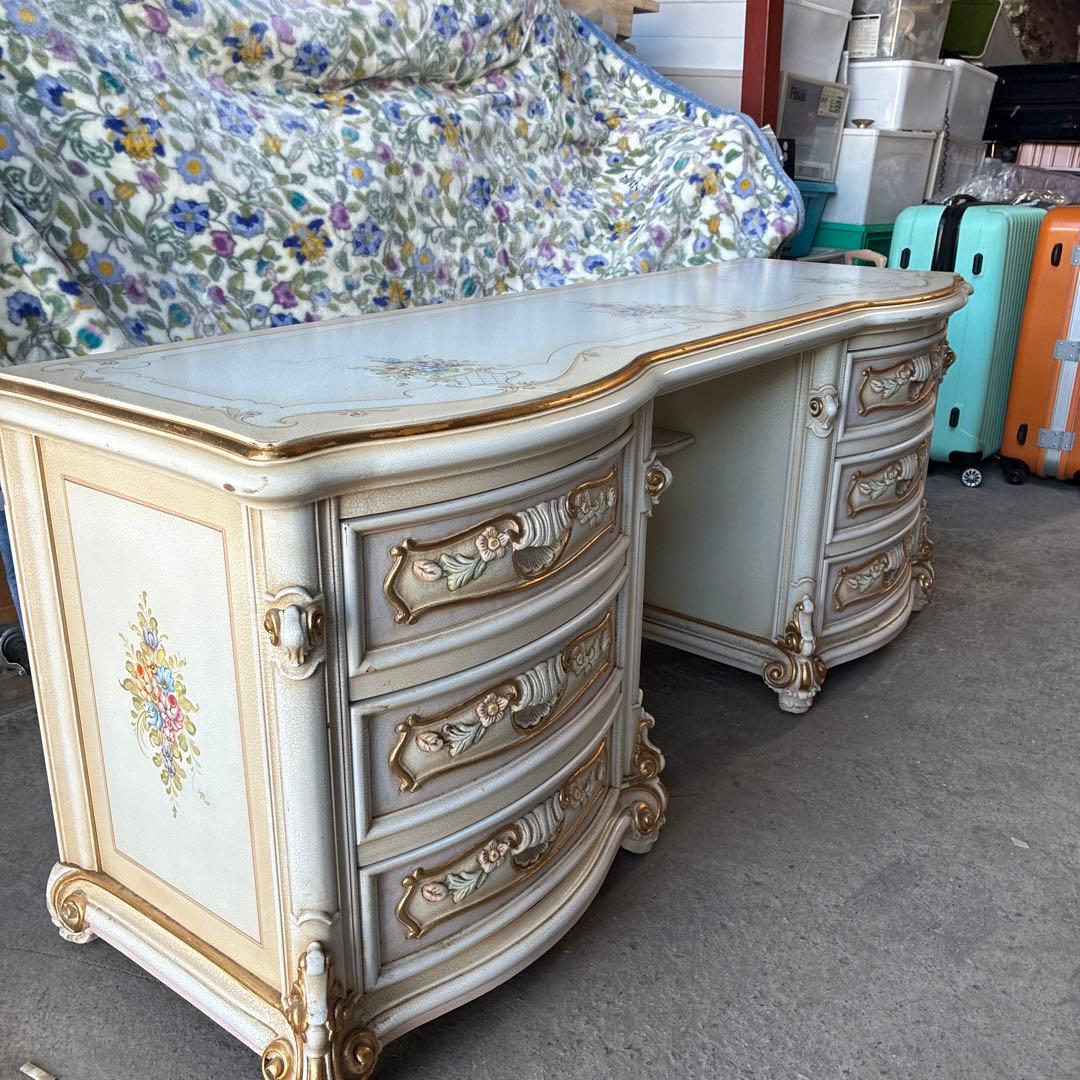 ホワイトキャビネット 花柄装飾 6引き出し