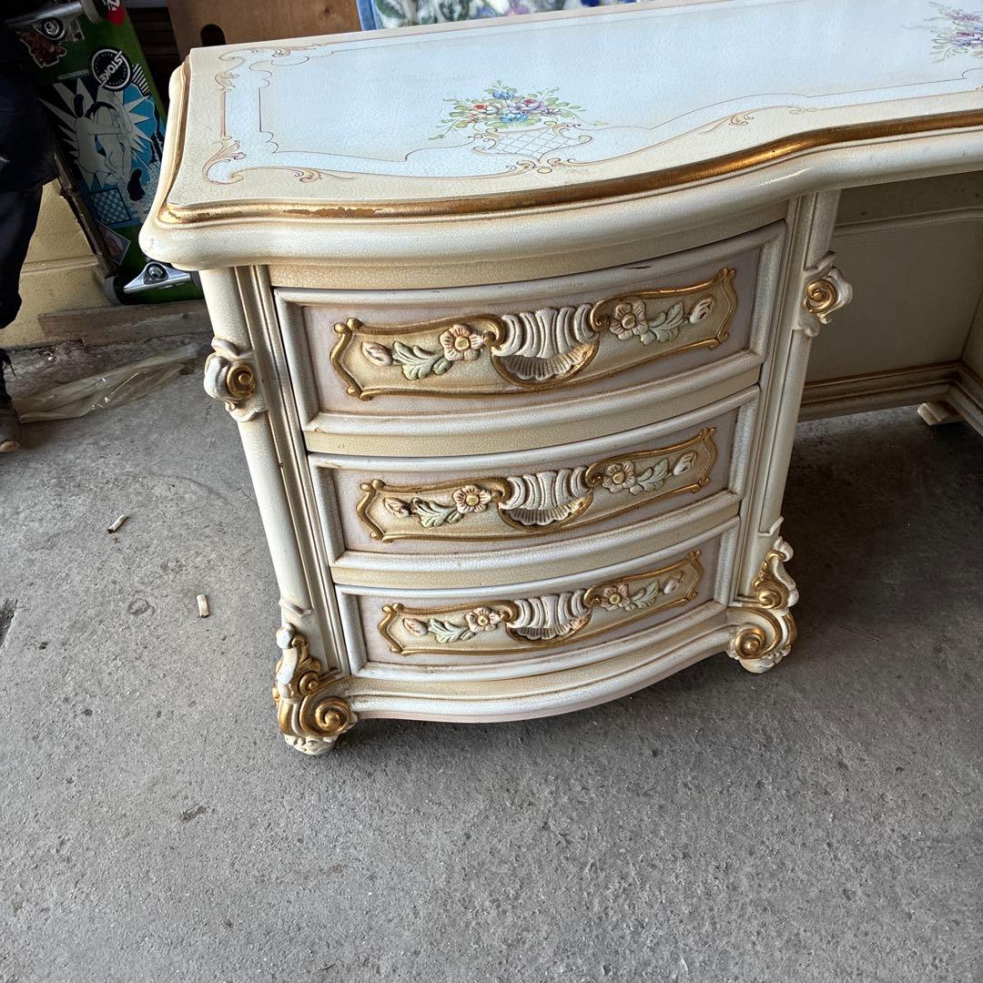 ホワイトキャビネット 花柄装飾 6引き出し