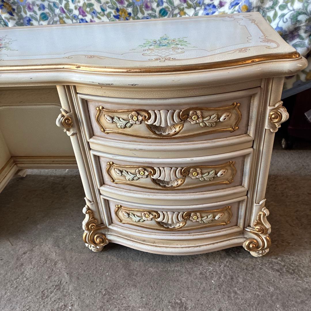 ホワイトキャビネット 花柄装飾 6引き出し