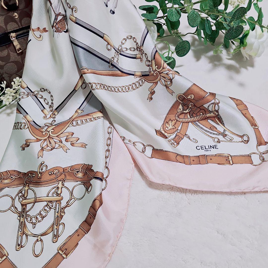 美品✨CELINE　セリーヌ　大判シルクスカーフ　ホース馬具柄　ピンク×ホワイト
