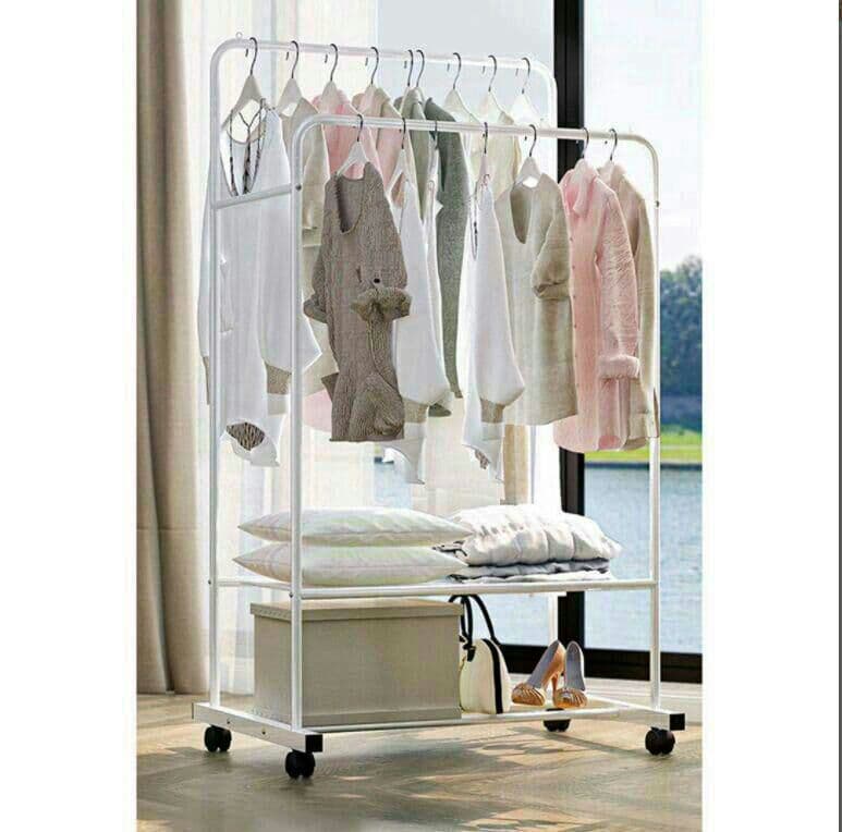 はんがーラックパイプハンガーラックダブル 頑丈 組立簡単2段メッシュ棚付き27