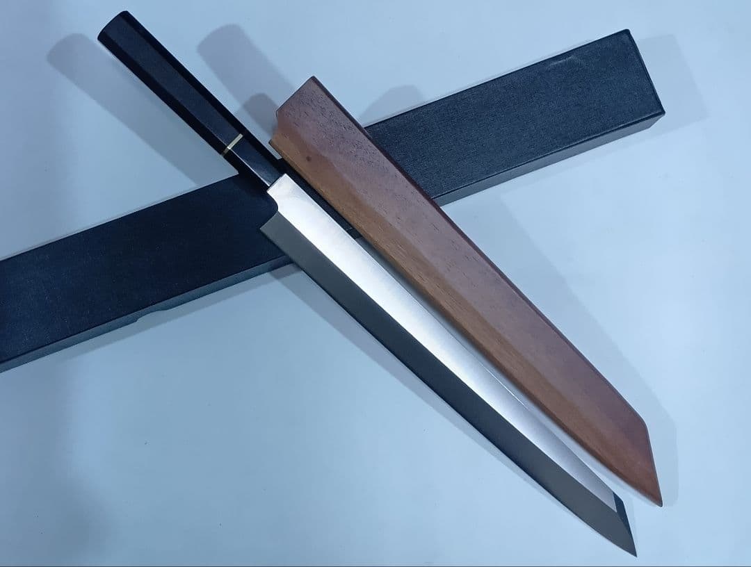 ステン本焼V金10号切付柳刃包丁33cm黒水牛黒檀八角柄