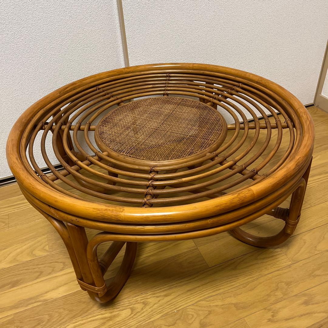籐家具 ラタンラウンドローテーブル 籐素材 円卓 座卓 机 ラタン 昭和レトロ