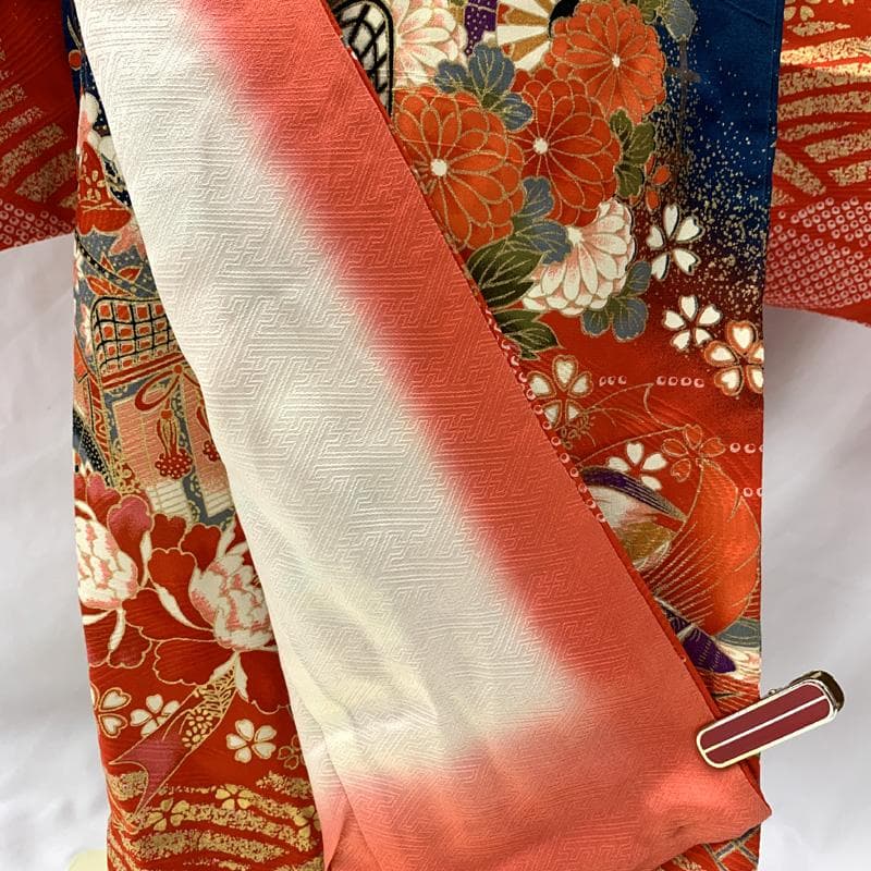 601ag46□七五三 七歳 女児 着物&袋帯 金彩 御所車 鴛鴦□状態良好