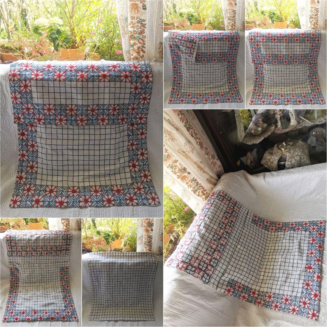 アンティークフランス 赤と青の手刺繍 クッションカバー 衣装ケース タペストリー