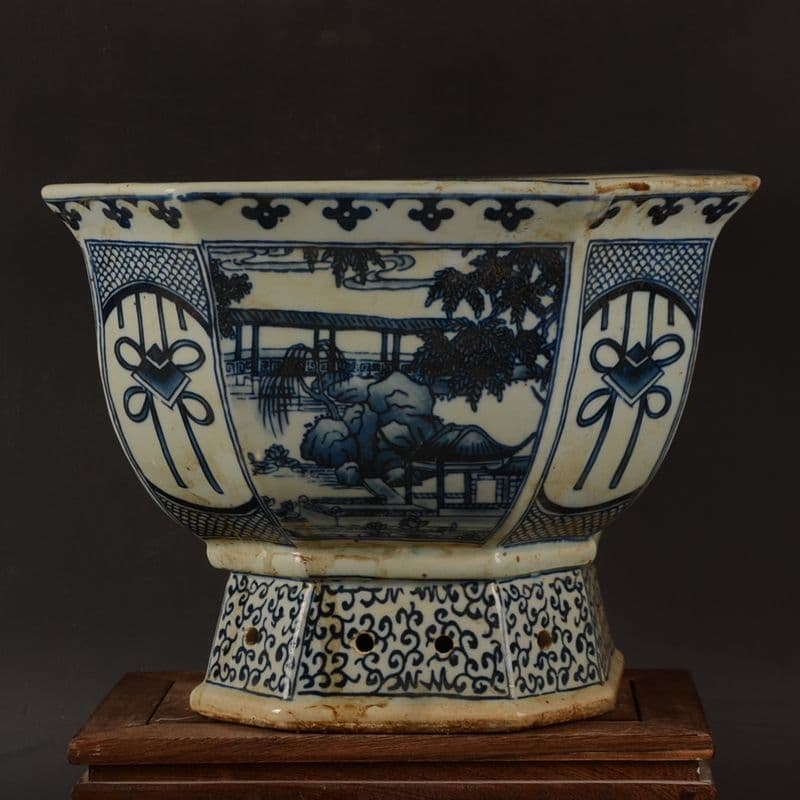 青花開窓庭楼四方高脚鉢 陶磁器 装飾品 現代工芸品美術品 置物