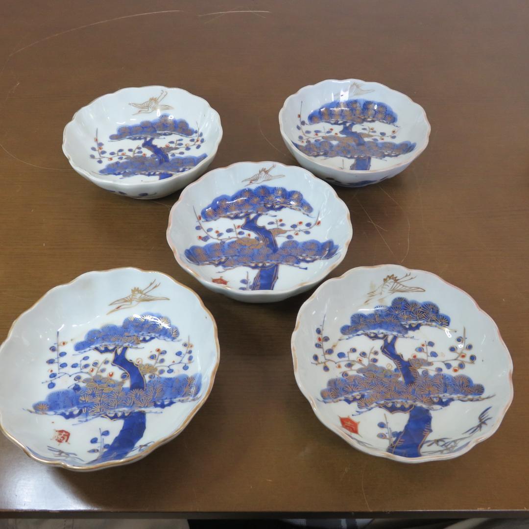 なます皿 5枚 金彩 松竹梅 色絵付 鶴亀