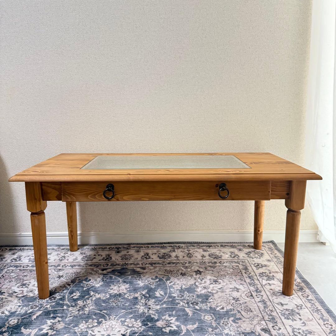 木製ガラス天板 長方形ローテーブル　ナチュラル ヴィンテージアンティーク