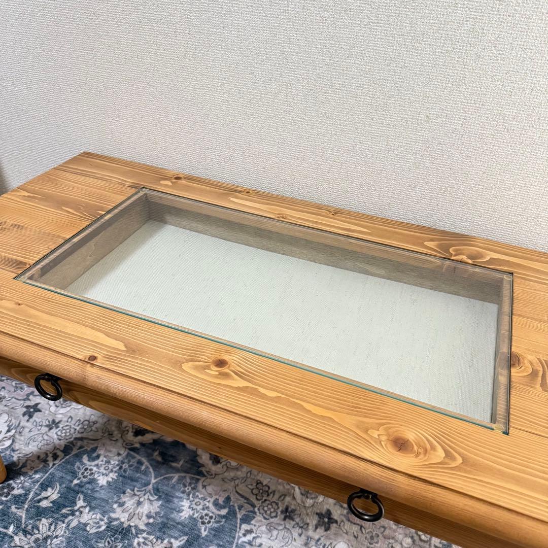 木製ガラス天板 長方形ローテーブル　ナチュラル ヴィンテージアンティーク