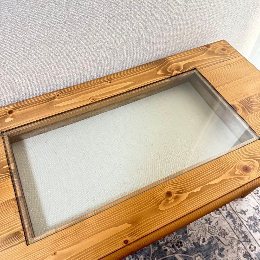 木製ガラス天板 長方形ローテーブル　ナチュラル ヴィンテージアンティーク