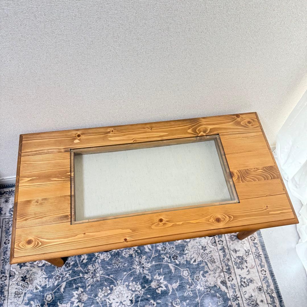 木製ガラス天板 長方形ローテーブル　ナチュラル ヴィンテージアンティーク