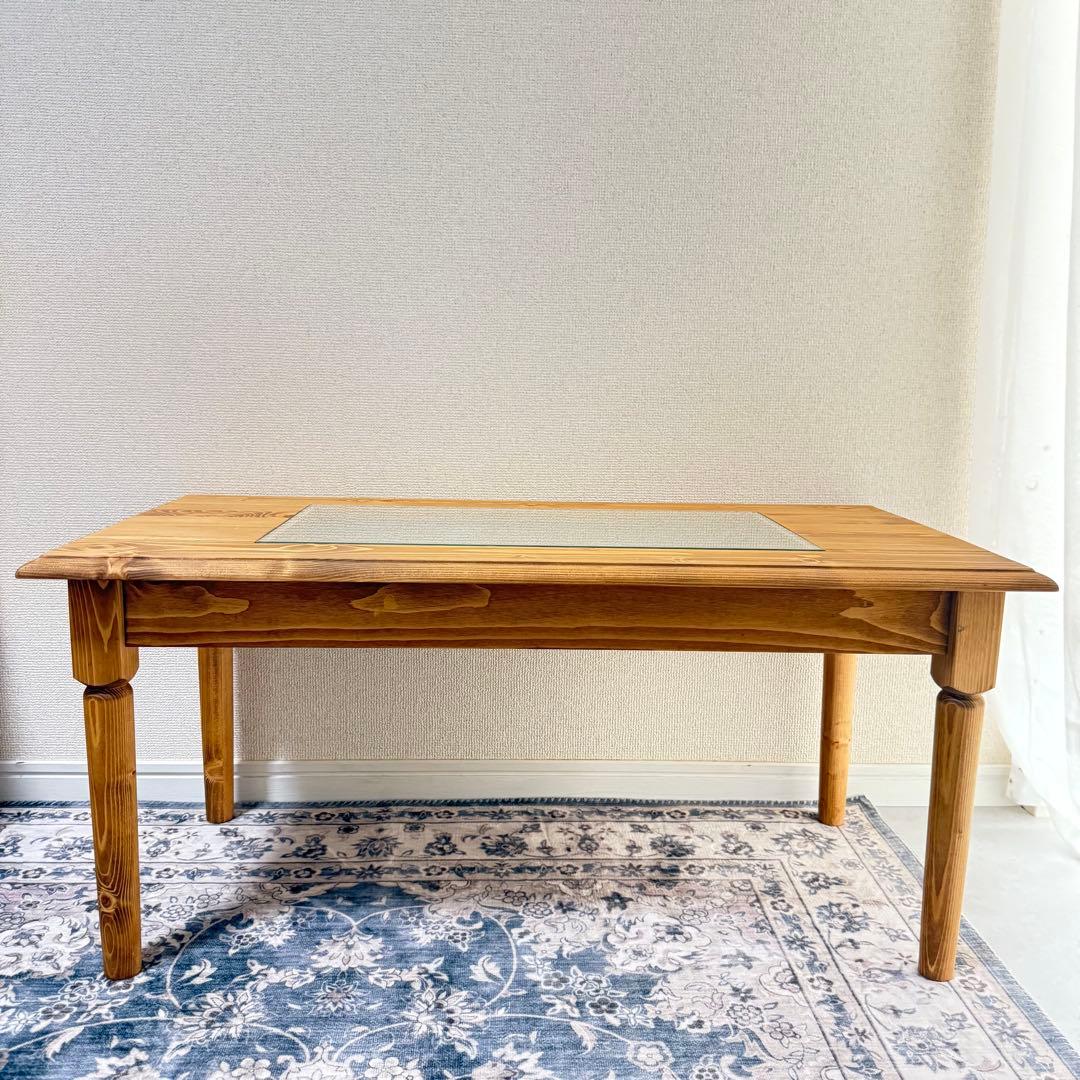 木製ガラス天板 長方形ローテーブル　ナチュラル ヴィンテージアンティーク