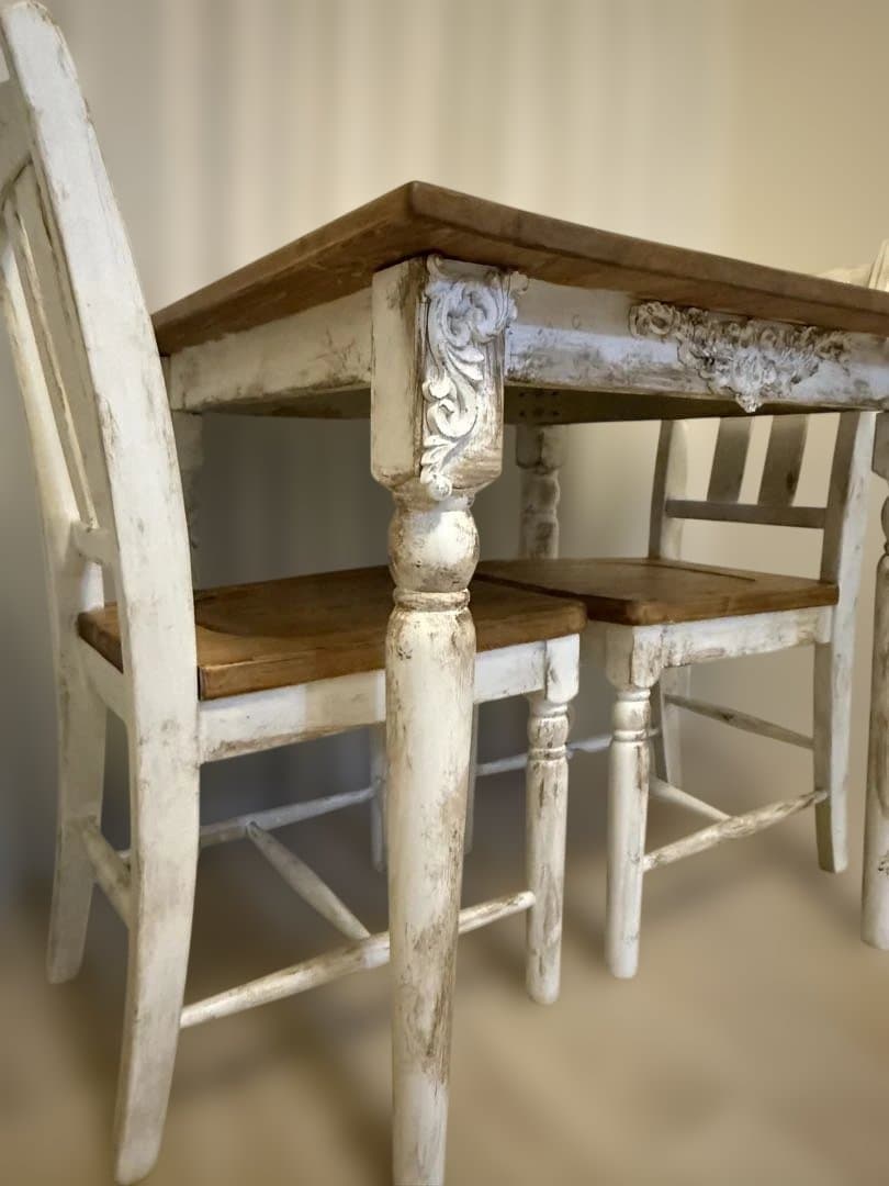 フレンチカントリー　シャビー　ダイニングテーブル3点セット　2人用　80×80