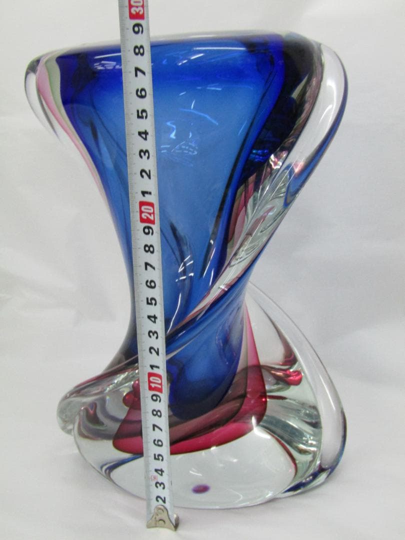 ムラーノ　クリスタルガラス　青いツイストデザインのガラス花瓶　作家物　希少品