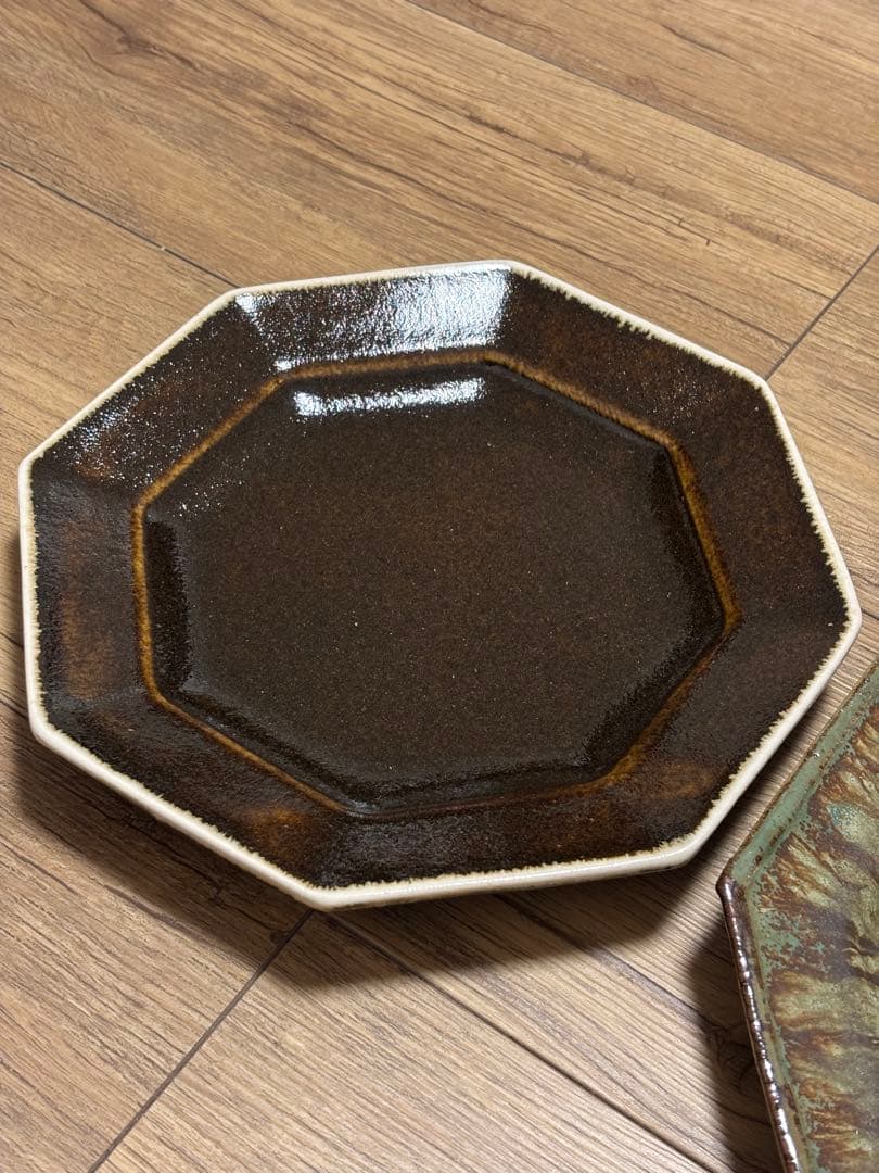 大沼道行 八角皿 Lサイズ 緑釉 黒釉 織部　　陶芸 ワンプレート 作家さん