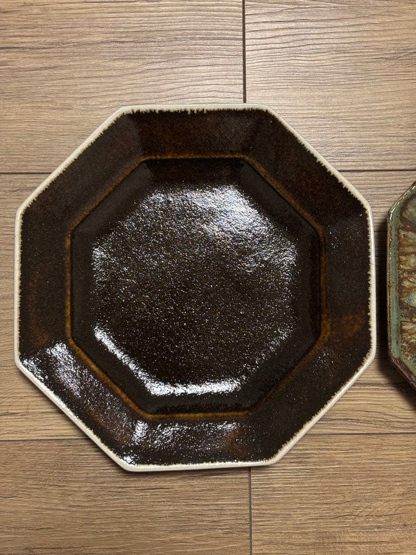 大沼道行 八角皿 Lサイズ 緑釉 黒釉 織部　　陶芸 ワンプレート 作家さん