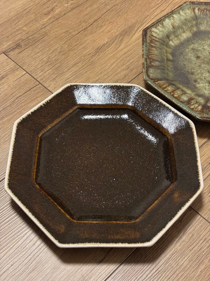大沼道行 八角皿 Lサイズ 緑釉 黒釉 織部　　陶芸 ワンプレート 作家さん