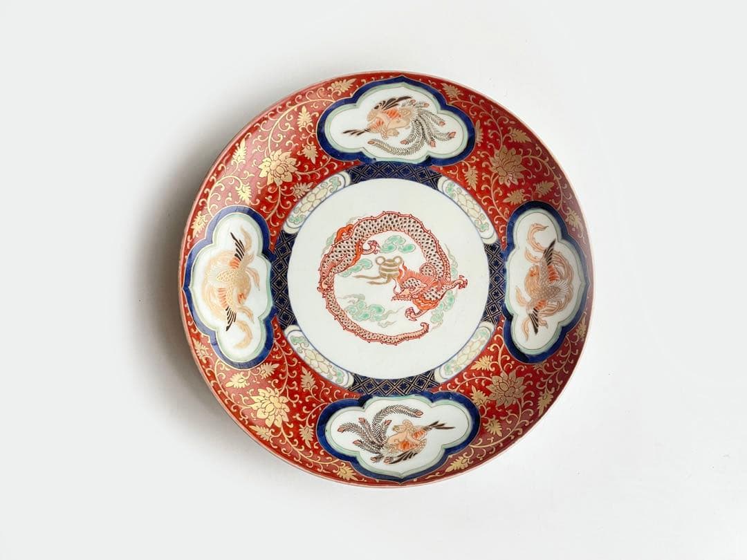 骨董　アンティーク　古伊万里　色絵　金襴手　龍宝珠鳳凰唐草文　八寸皿　丸皿