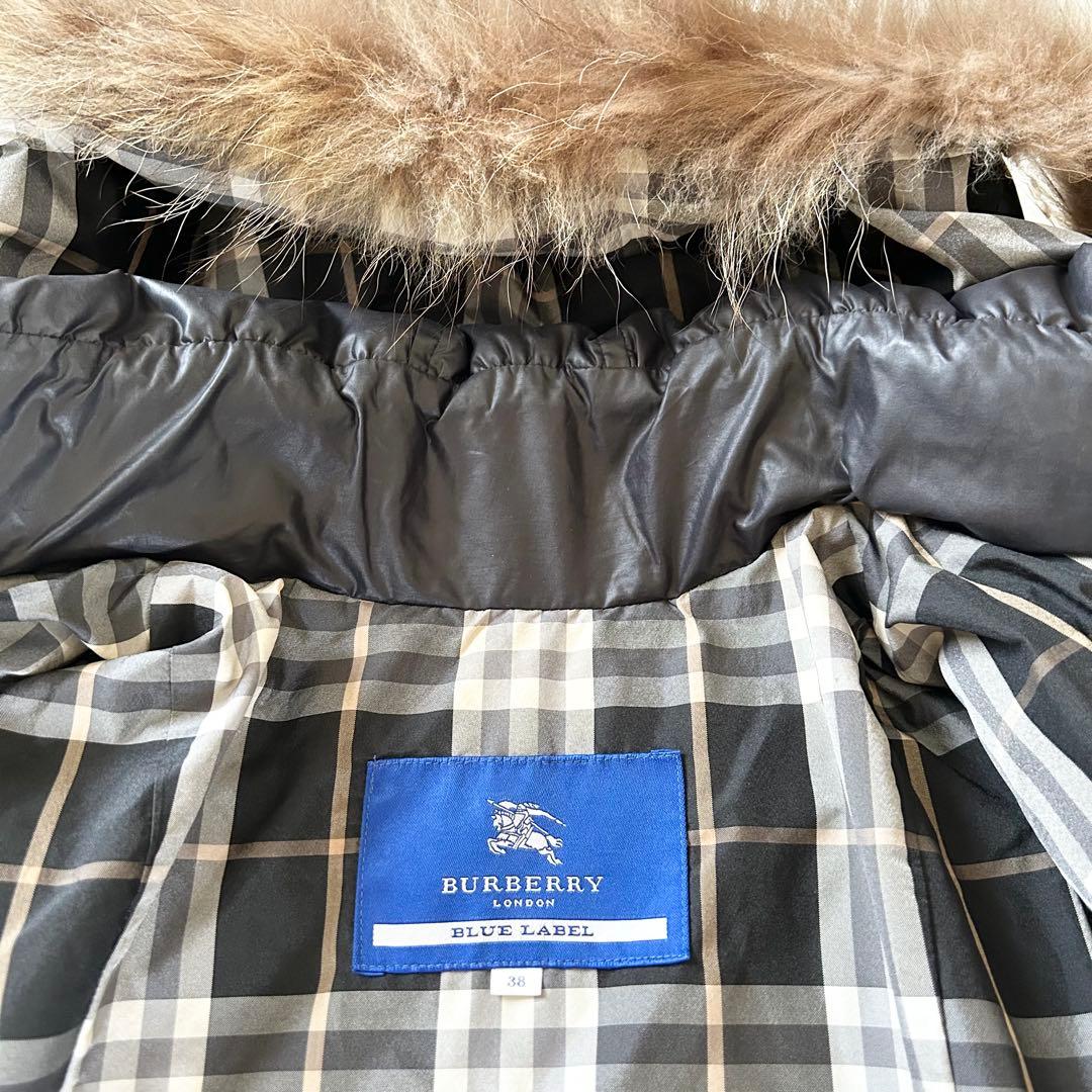 バーバリーブルーレーベル ダウンコート 裏地チェック ブラック ラクーンファーM