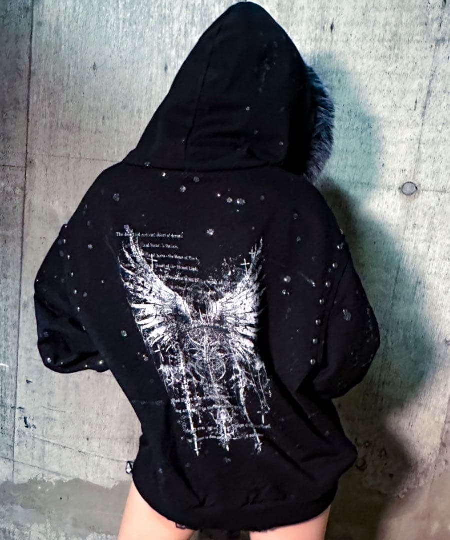 A'GEM/9 × .kom ファー付きラメ飛ばしジップパーカー ブラック