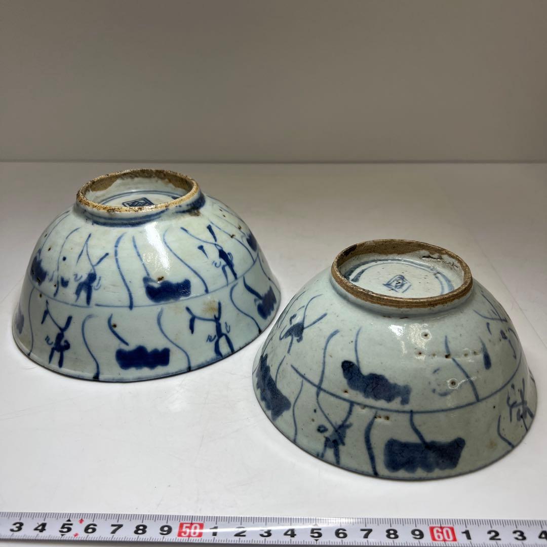 中国清朝時代　南京染付菓子鉢大小　木箱付　口径約17.8/15.5㎝