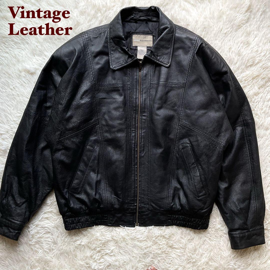 人気✨90's レザージャケット　本革　ボンバー　ブラック　襟付 大きい　L