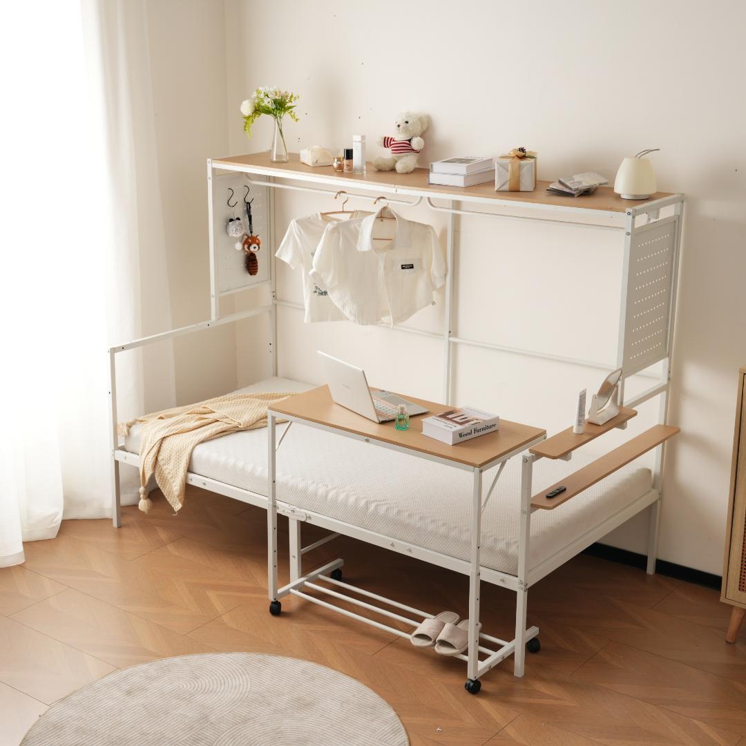 赤字価格！ロフトベッド シングル スチールネット・移動型デスク付き　WHITE