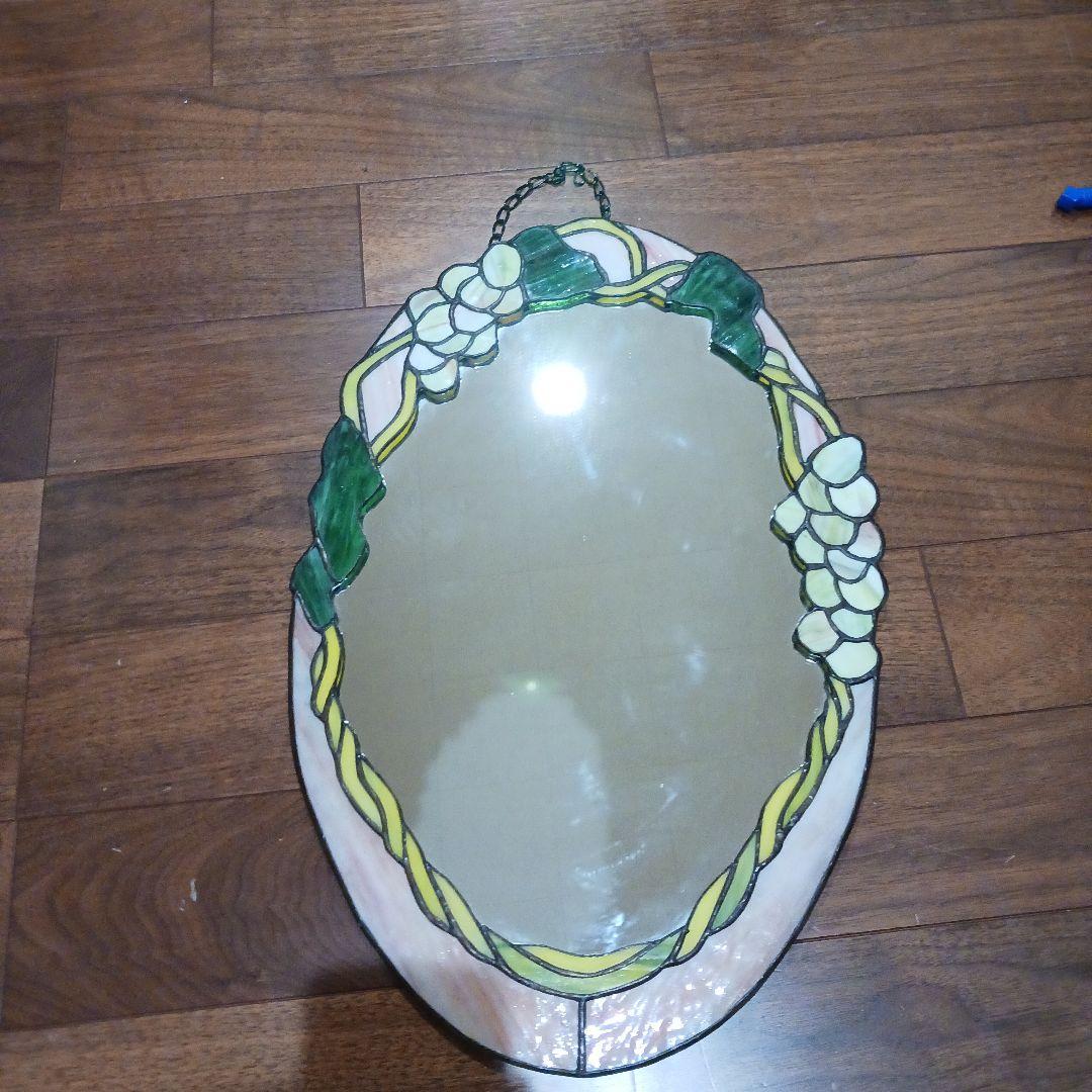 花模様 ぶどう　壁掛け鏡 オーバル型　ステンドガラス