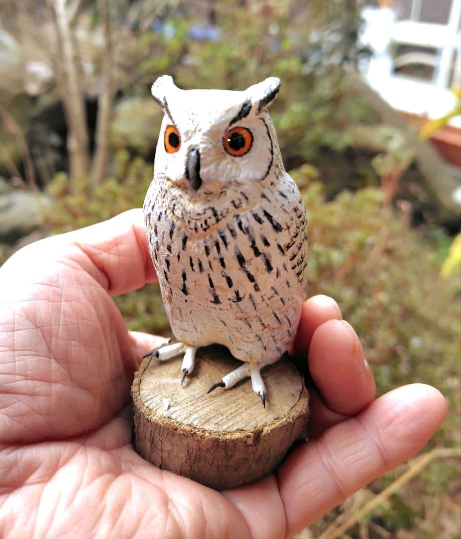 小さなバードカービング シベリアワシミミズク 野鳥 木彫り 梟