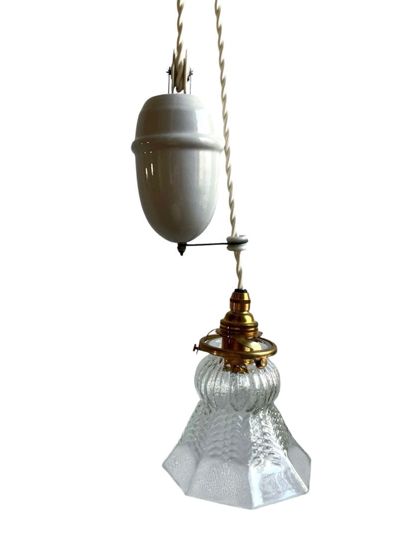 【Antique】白磁製昇降機付きガラスシェードペンダントライト