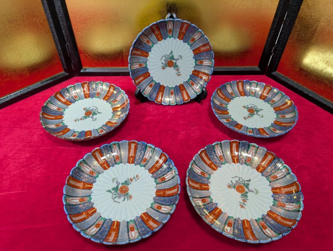 林九郎窯　染錦地紋　中皿揃