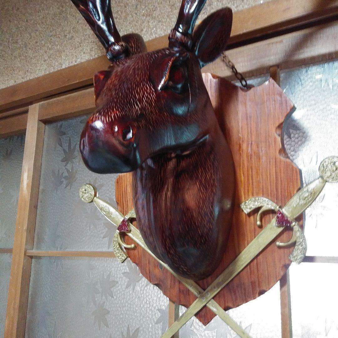 木製鹿の頭部彫刻 壁掛けオブジェ