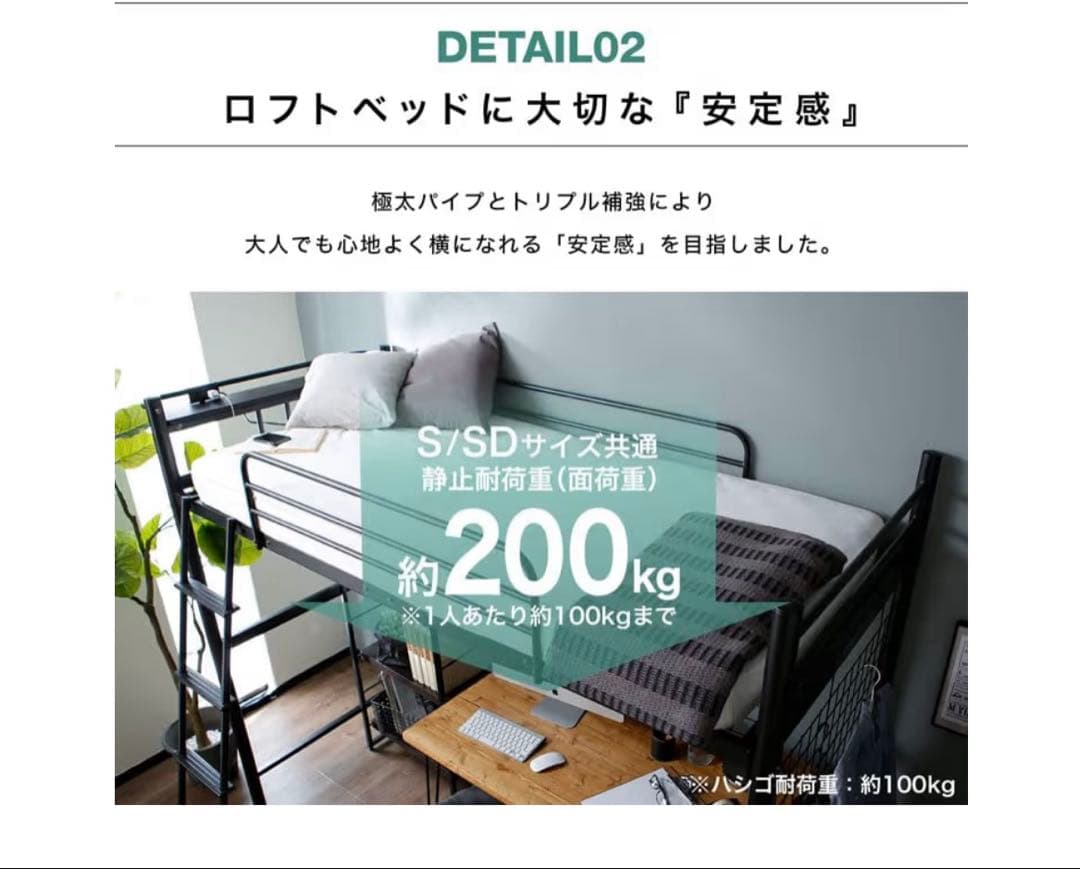 LOWYA ロフトベッド セミダブル　ブラック コンセント付き