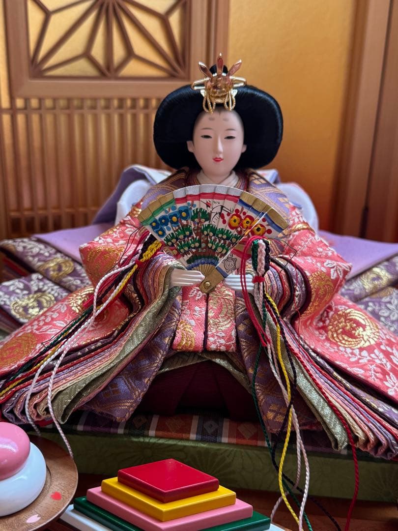 【新品同様】伝統工芸士望月龍翠作 親王飾り雛人形 書院障子屏風木製台座 正絹衣装